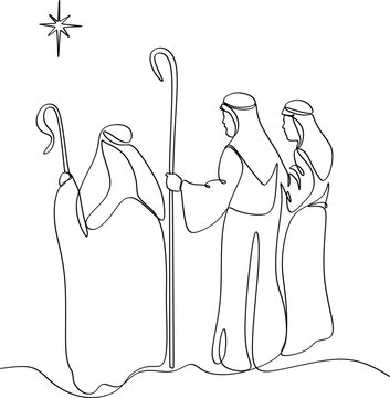 Merry Christmas shepherd and sheeps. Continuous one line drawing. Vector illustration