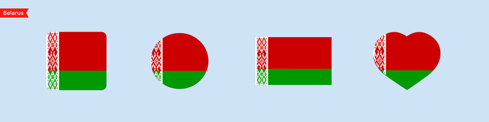 National flag of Belarus. Flag icons for language selection. Belarus flag in the shape of a square, circle, heart. Vector icons