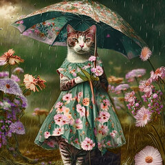 Cute cat with umbrella and flowers in the rain. AI generative - 678691756