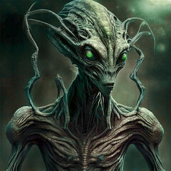 Dark grey alien on dark background wearing . Created using ai generative. - 678691797