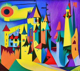 Abstract surreal painting.  Medieval city with high towers and houses.  AI generative - 678691798