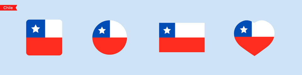 National flag of Chile. Chile flag icons in the shape of a square, circle, heart. Isolated flag symbols for language selection. Vector icons