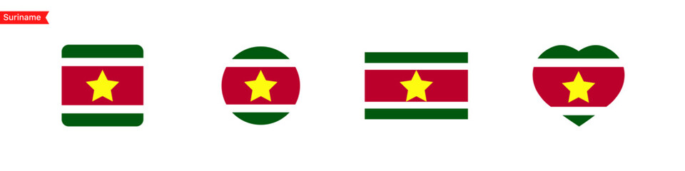 National flag of Suriname. Suriname flag icons in the shape of a square, circle, heart. Isolated flag symbols for language selection. Vector icons