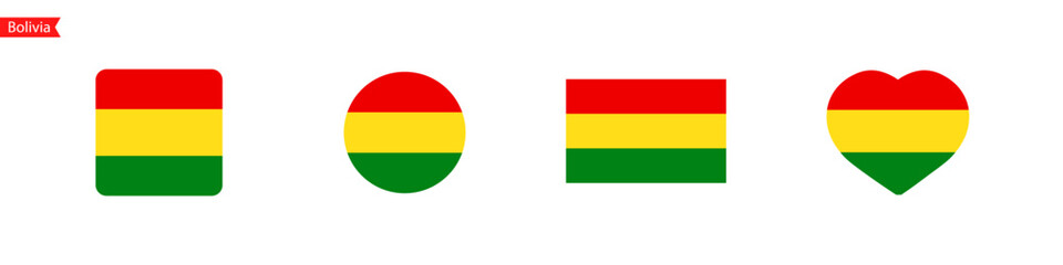 Bolivia national flag. Bolivia flag icons for UI design. Isolated flag symbols in the shape of a square, circle, heart. Vector icons