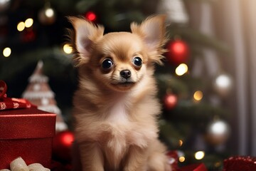 cute puppy chihuahua christmas card - obrazy, fototapety, plakaty