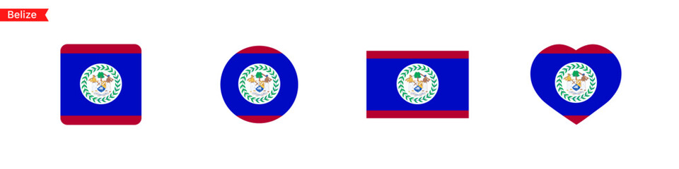 National flag of Belize. Flag icons for language selection. Belize flag in the shape of a square, circle, heart. Vector icons