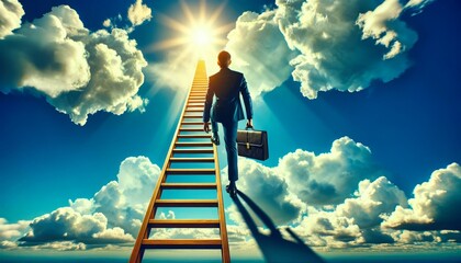 Business ascent on a ladder through clouds, a metaphor for career ambition, leadership growth, and motivational success.Generative AI - obrazy, fototapety, plakaty
