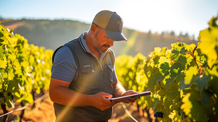 A vintner or winemaker checking vine crops first thing in the morning - obrazy, fototapety, plakaty