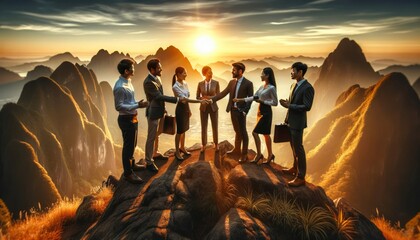 At sunrise, a diverse team in business attire celebrates a strategic partnership, symbolizing global success and achievement on a mountain summit. - obrazy, fototapety, plakaty
