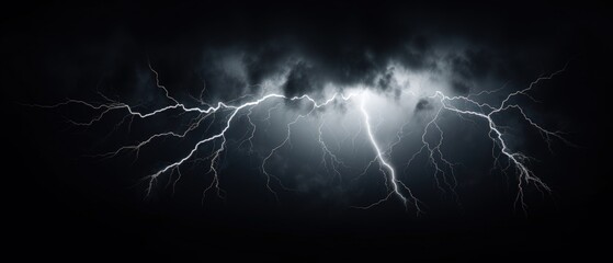 White Lightning strike on the dark cloudy sky landscape. AI generated image