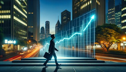 Businessman strides by a city projection of a financial growth chart, a symbol of technology, economy, and future success strategies.Generative AI