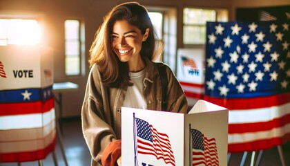 A smiling Hispanic woman exudes pride and empowerment as she makes her democratic decision, actively participating in American civic duty by voting.Generative AI