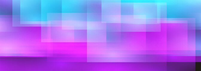Blue and pink geometric wide abstract background with transparent gradient square shapes. Purple and blue vector illustration banner.