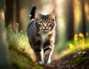 Naklejka na ściany i meble Amazing cat walking in the forest.