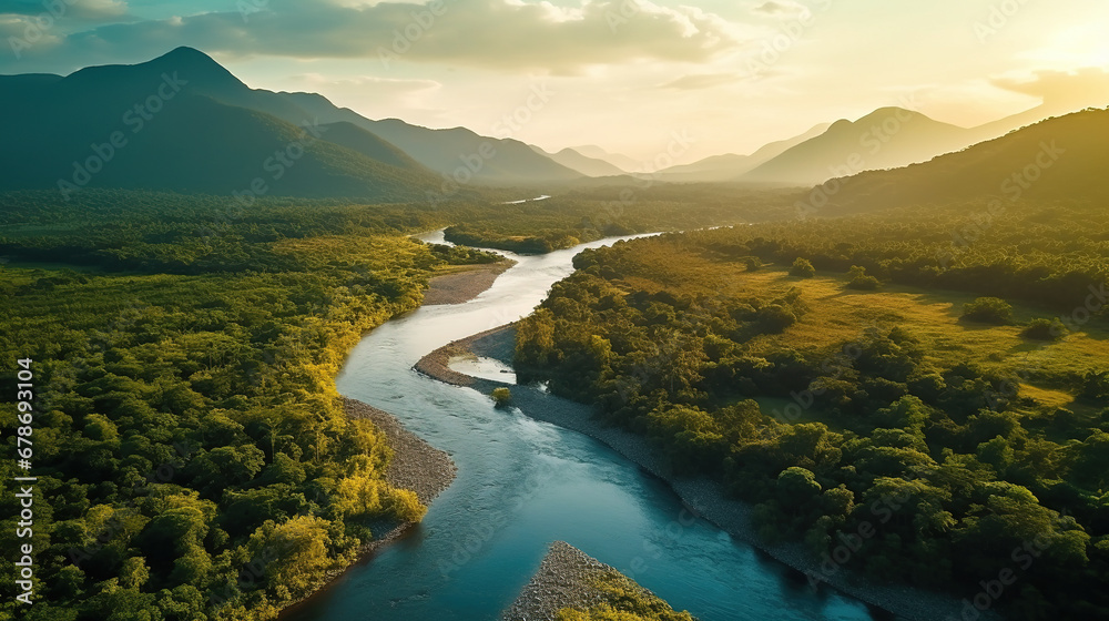 Wall mural beautiful natural scenery of river in tropical green forest with mountains in background at sunset,  - Wall murals