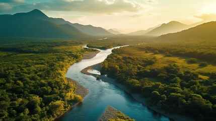 Beautiful natural scenery of river in tropical green forest with mountains in background at sunset, aerial view - Powered by Adobe