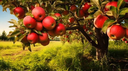 Apple orchard. Ripe apples in the garden ready for harvest. - obrazy, fototapety, plakaty