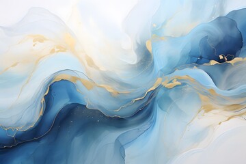 Blue and Gold Gauzy Landscapes: Fluid and Atmospheric Prints - obrazy, fototapety, plakaty