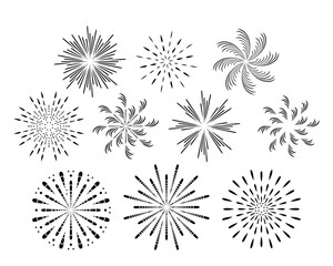 Fireworks set. Vector flat illustration of celebration firecracker isolated on white background. Elements for festive design.