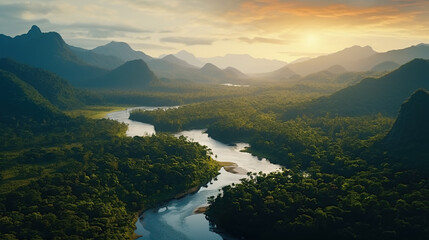 Beautiful natural scenery of river in tropical green forest with mountains in background at sunset,...