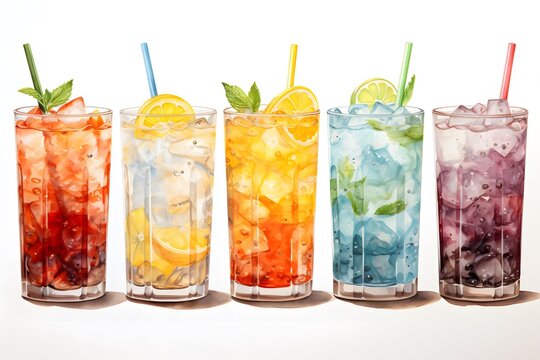 Vibrant Watercolor Drink Illustrations: Hand-drawn Collection