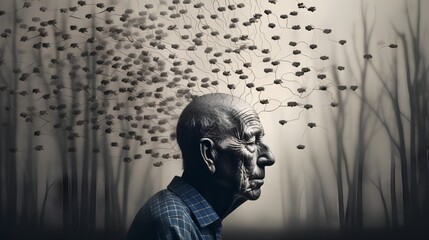 An elderly man appears contemplative, surrounded by transparent, dissipating fragments symbolizing his fading memories and thoughts, representing the struggle with Alzheimers dementia. - obrazy, fototapety, plakaty