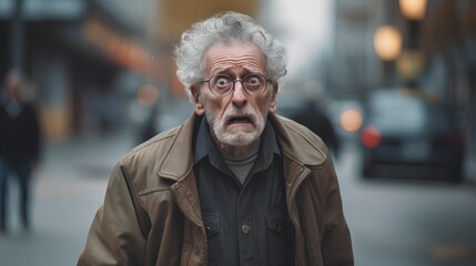 Elderly man with gray hair and a puzzled expression, appearing disoriented and lost on a city street, possibly suffering from Alzheimers or dementiarelated confusion. - obrazy, fototapety, plakaty
