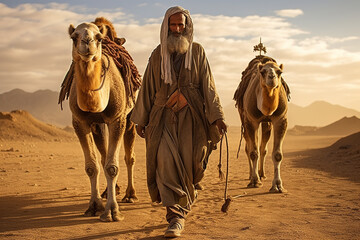 Berber man leading camel caravan. A man leads two camels through the desert. Man wearing traditional clothes on the desert sand