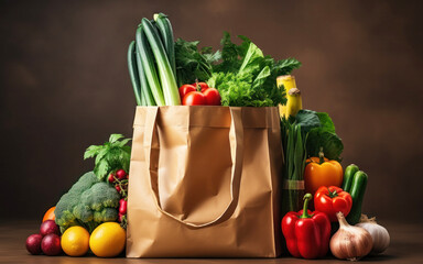 Grocery bag with fresh and healthy vegetables. Organic food concept. Healthy vegan vegetarian food in a paper bag