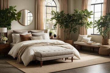 Fototapeta premium love nature style minimalistic bedroom villa resort interior with green home plants