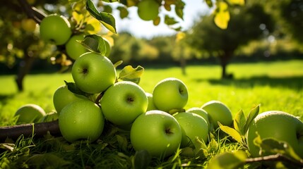 Apple orchard. Ripe green apples in the garden ready for harvest.