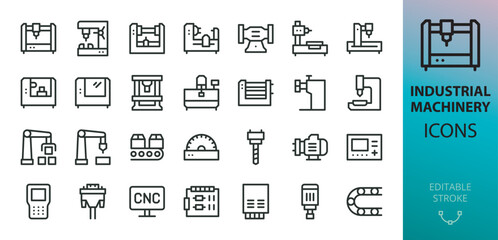 Industrial machinery isolated icons set. Set of CNC machine controller, motor spindle, cable drag chain, factory production line, lathe, milling machine, manufacturing robotic arm vector icon