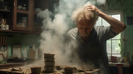 An elderly man standing in a domestic kitchen, scratching his head in a state of confusion, symbolizing the struggles of memory loss associated with conditions like dementia and Alzheimers disease.