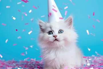 Small fluffy white kitten in a festive cap with flying confetti on blue pink background. Birthday concept, party, funny cat