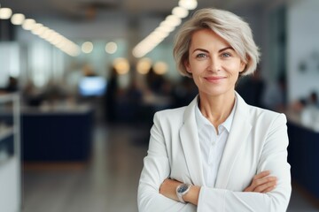 Confident beautiful middle-aged business woman in suit smiles, looks at camera, folds her arms on her chest. Blurred bokeh background of modern office, coworking space. Professional boss