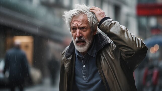 Elderly man with gray hair and a puzzled expression, appearing disoriented and lost on a city street, possibly suffering from Alzheimers or dementiarelated confusion.