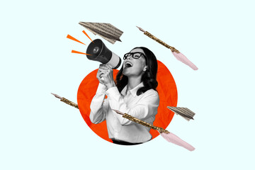 Creative pinup image picture collage of woman reporter from news paper broadcast with bullhorn breaking news