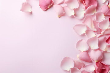 Top view of pink rose flower petals on side of pastel pink background with copy space