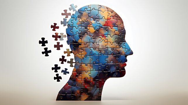 human head in profile view, with pieces of a jigsaw puzzle representing the brain fading into nothingness as memory loss and cognitive decline associated with dementia and Alzheimers disease.