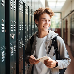 Student boy at the institute lockers.