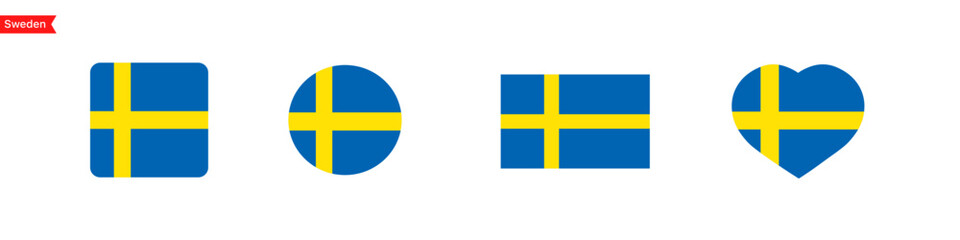 Sweden flag icons. Sweden flag set symbols. National symbol. Square, circle, heart shape flags. Vector isolated