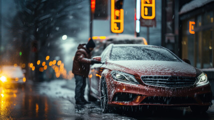 Snowfall in a city at night. A man in a raincoat stands next to the car and clean it from snow. - obrazy, fototapety, plakaty