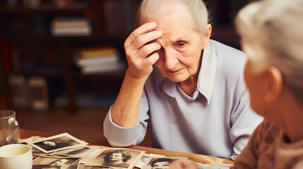 Fototapeta Elderly woman with a nostalgic expression holding and gazing at vintage photographs, reminiscing past memories, symbolizing the challenges of dementia and Alzheimers disease. obraz
