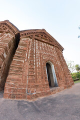Ornately carved terracotta Hindu temples of Malla Dynasty.Hindu temple constructed in the 17th century at Bishnupur, west bengal, India.