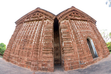 Ornately carved terracotta Hindu temples of Malla Dynasty.Hindu temple constructed in the 17th century at Bishnupur, west bengal, India.
