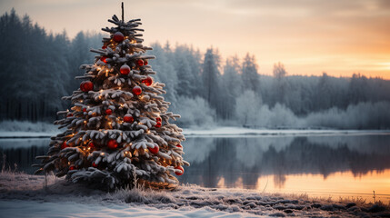 Christmas spruce tree decorated with lights and baubles on winter snow forest background. Merry...