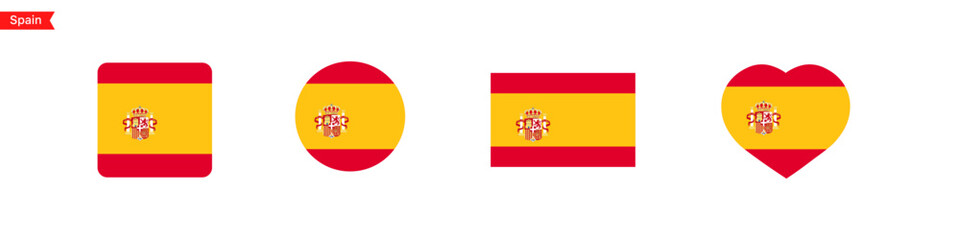 National flag of Spain icons. Spain flag in the shape of a square, circle, heart. Website language choice symbols. Vector UI flag design