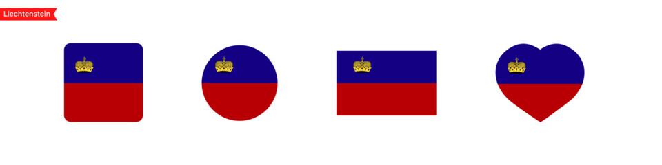 Liechtenstein national flag. Liechtenstein flag icons for UI design. Isolated flag symbols in the shape of a square, circle, heart. Vector icons