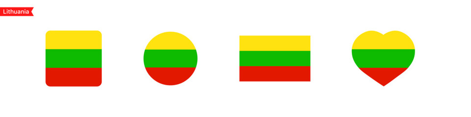 National flag of Lithuania. Lithuania flag icons in the shape of a square, circle, heart. Isolated flag symbols for language selection. Vector icons