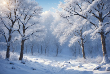 Snow falling wallpaper in winter whitened trees covered in snow